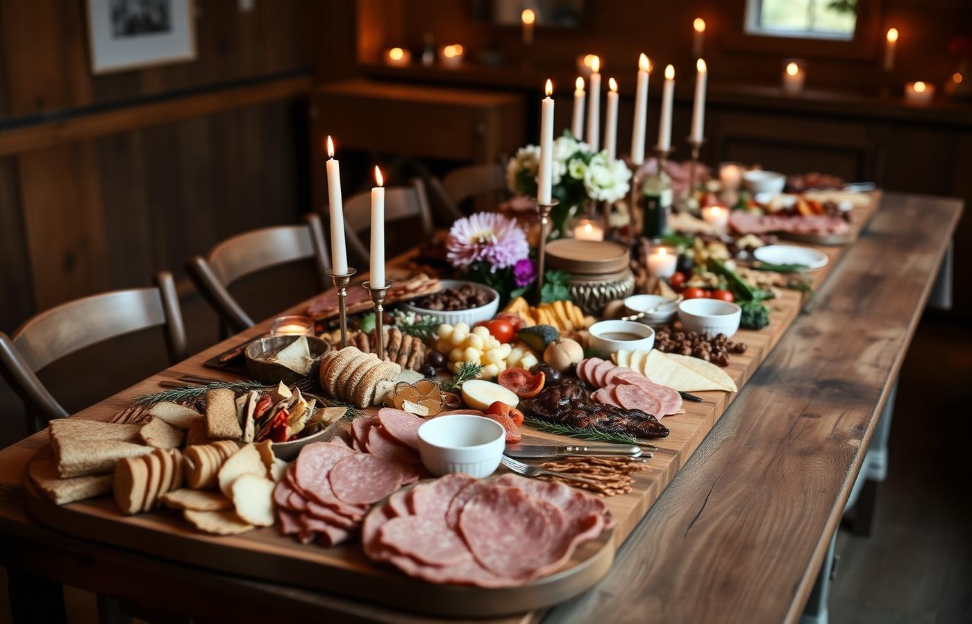 Grazing table set with charcuterie, candles and flowers